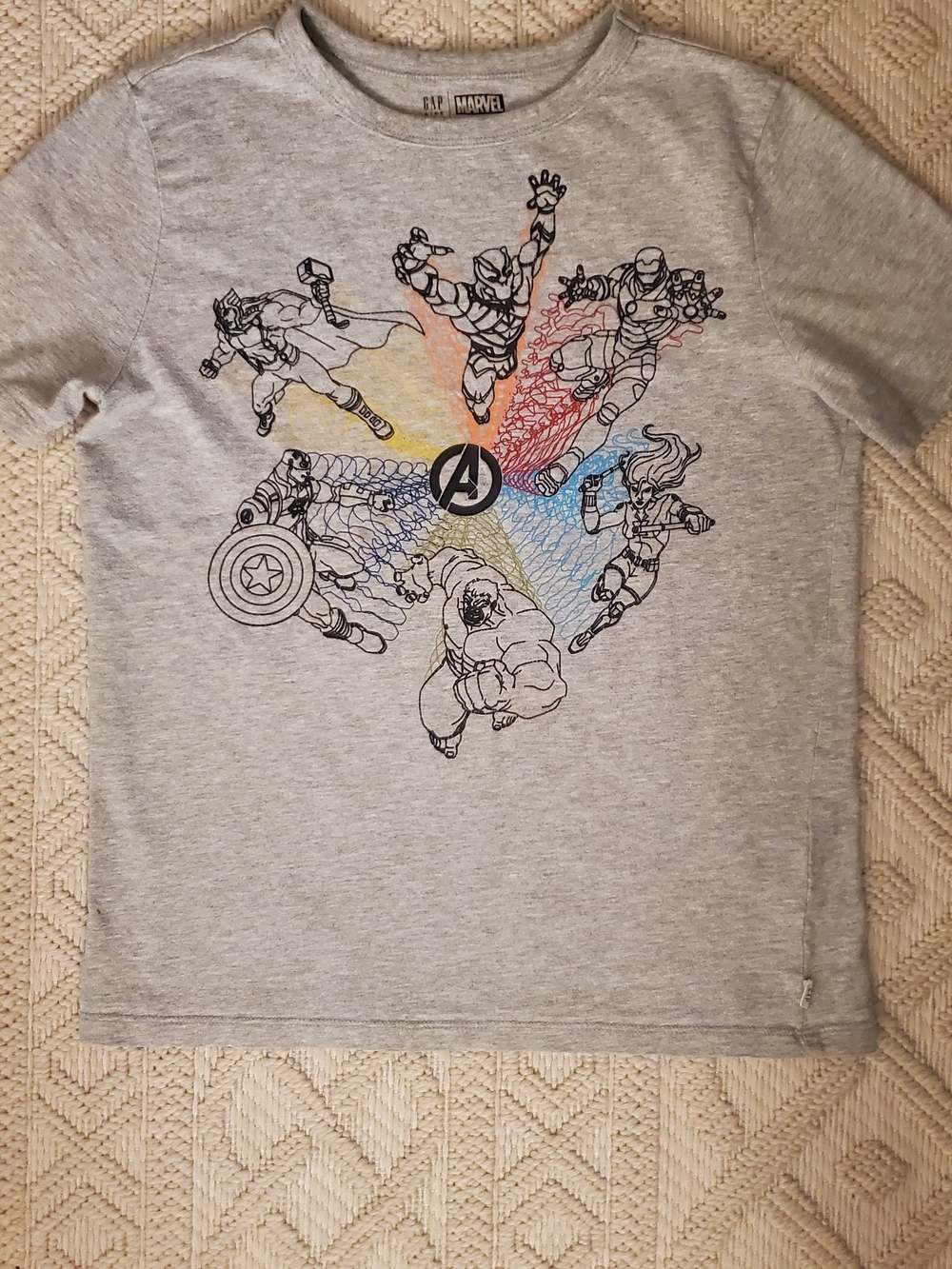 Marvel GAP Kids Heather Gray Avengers Rainbow Sketch Tee L Large